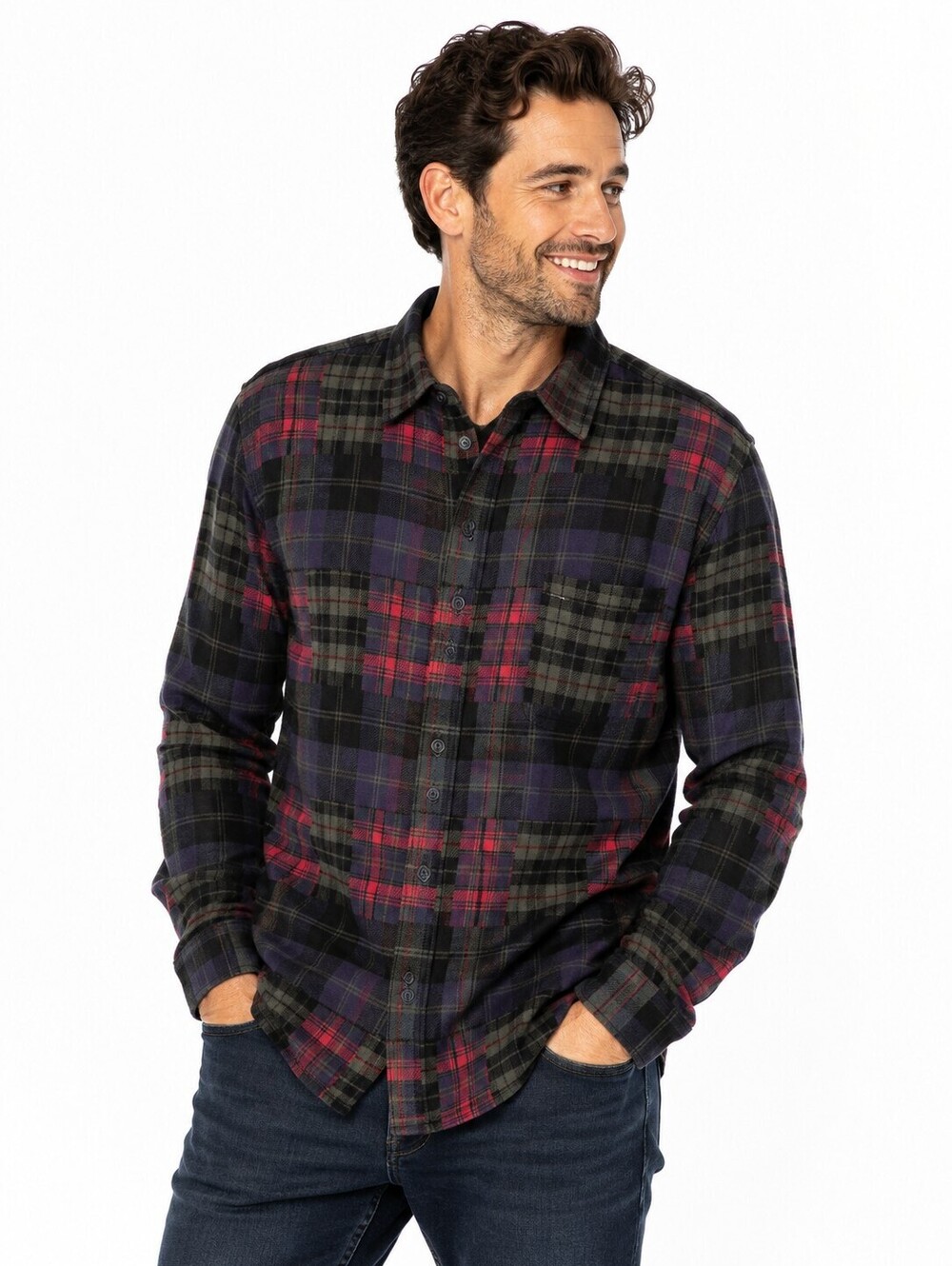 Roots Men's Plaid Flannel Shirt Red Green Navy 100% Cotton Button Up - Medium